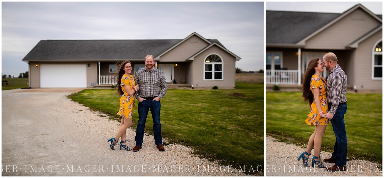 A couple poses in front of their farmhouse for their sweetheart session in Rantoul, IL.

Photos by Mager Image Photography.