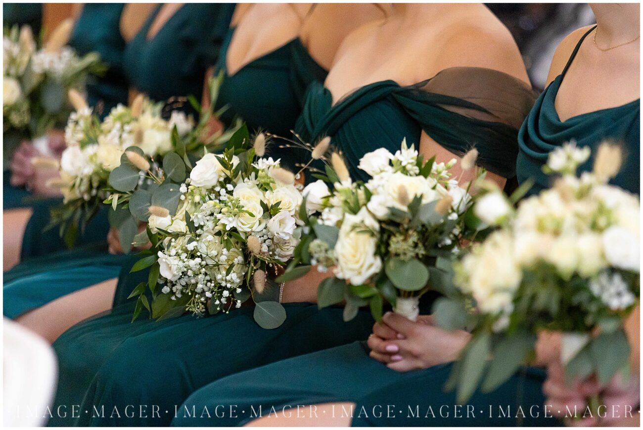 green bridesmaids dresses and flowers by kristine