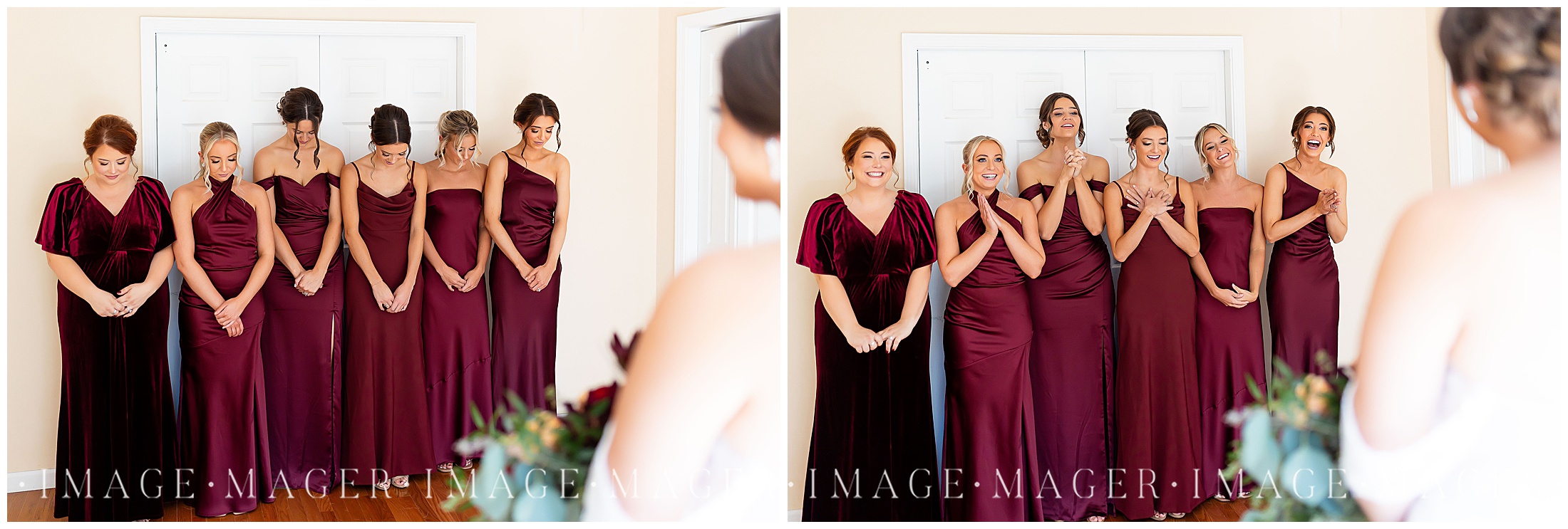 bridesmaids reveal first look in maroon dresses