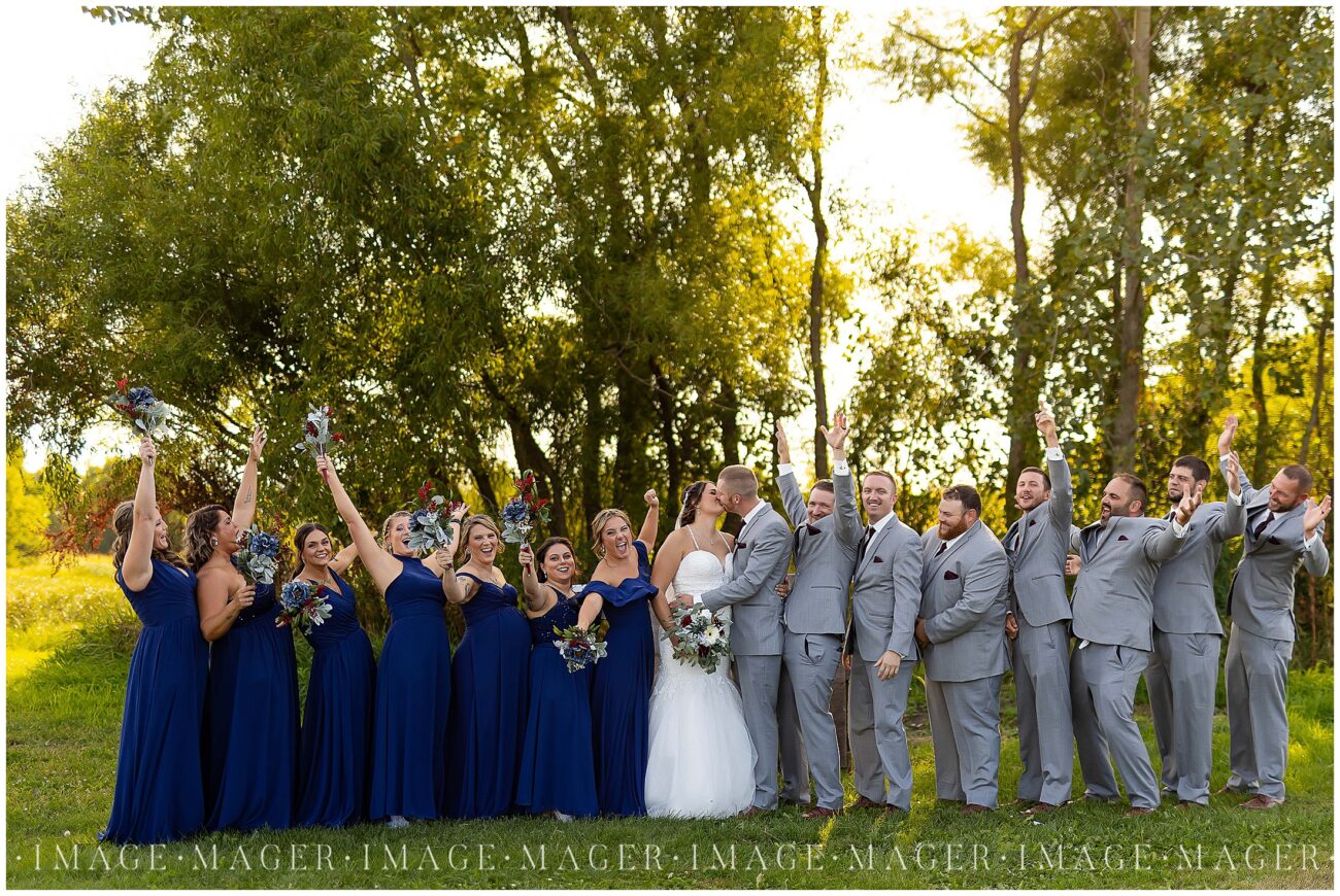 red and blue and grey wedding party palette
