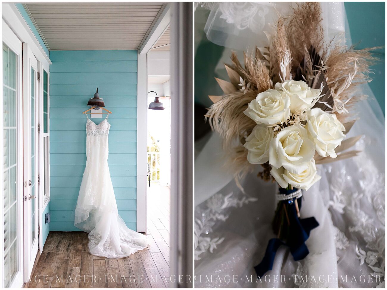 Wedding dress and boho chic floral bouquet on the backdrop of a baby blue AIRBNB. 