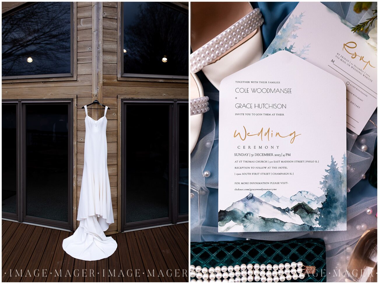 blue winter wedding invitation pearls details