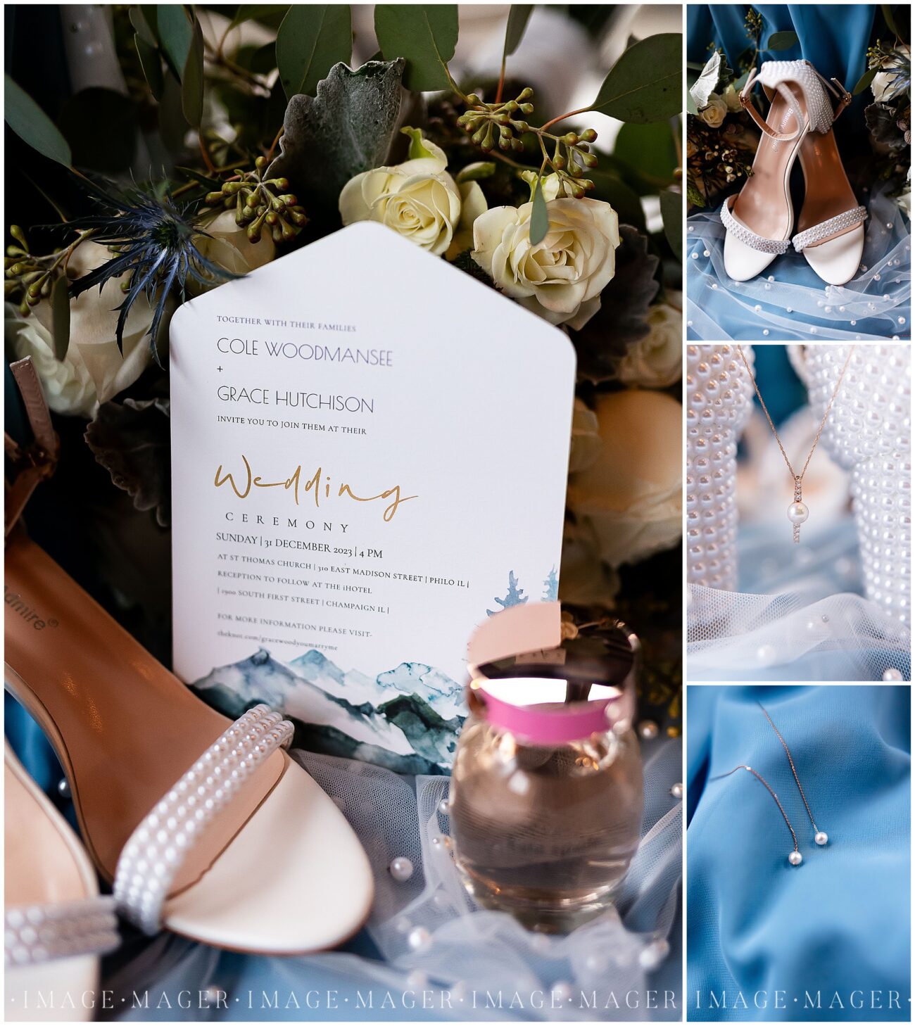 blue winter wedding invitation pearls details st. louis wedding photgorapher