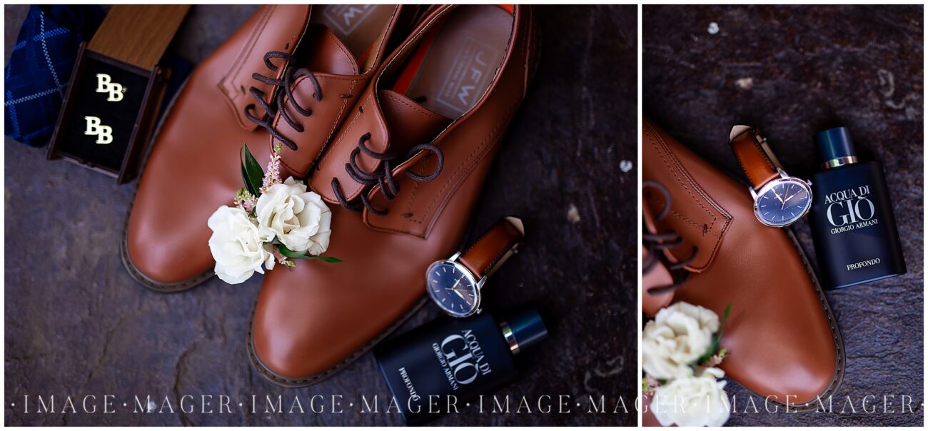 grooms details cufflinks, shoes, boutonnière, blue and brown