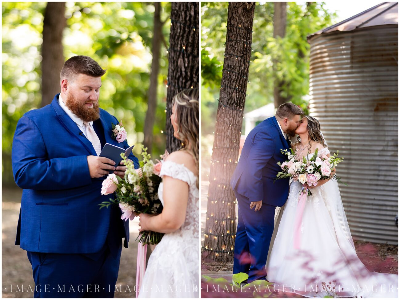 navy and blush wedding first look with bride and groom smiling