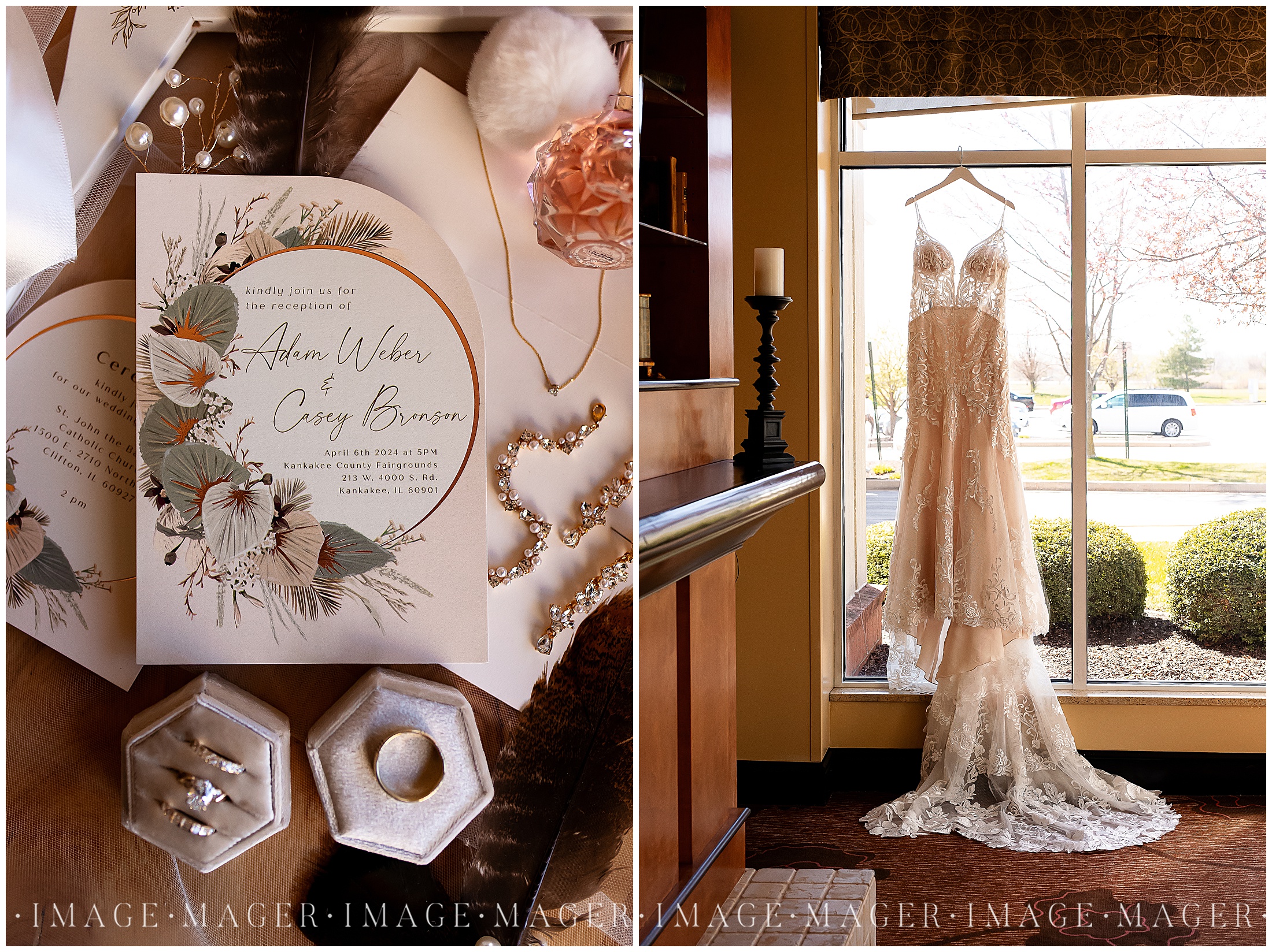 A small town wedding two image collage. The first image contains the invitation suite along with the couple's rings and the brides jewelry. The second image is of the bride's trumpet style gown hanging in a window.

Photo taken by Mager Image Photography.