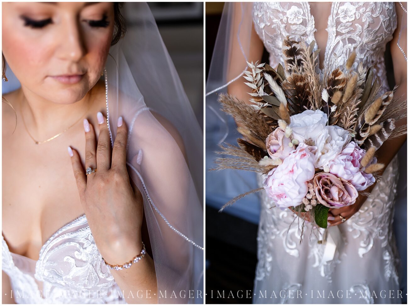 A small town wedding photo collage of the bride showing off her ring and veil and her bouquet. Her bouquet has feather detail from a turkey she shot.

L'erable, IL. Photo taken by Mager Image Photography.