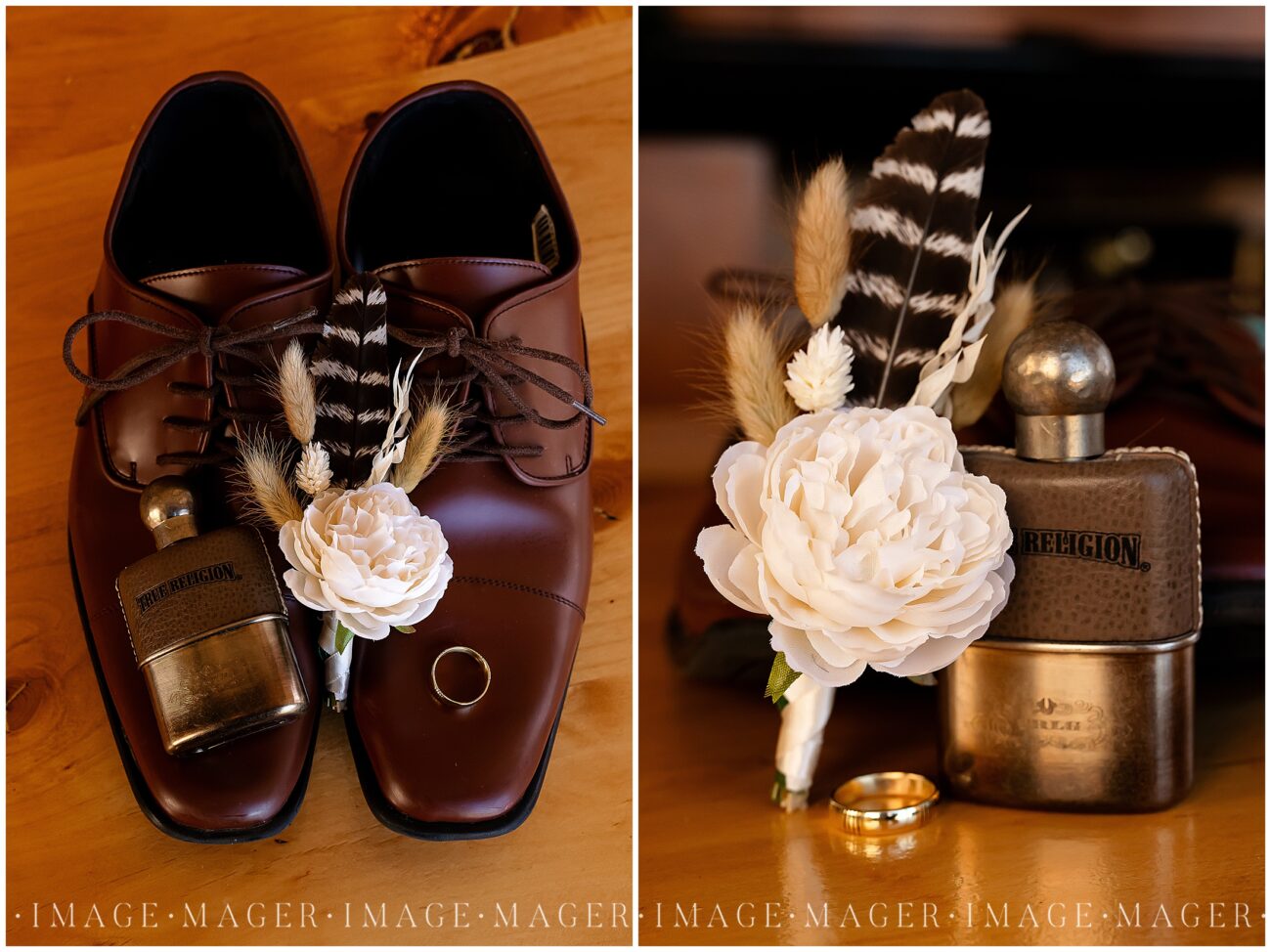 A small town wedding grooms detail shots. His shoes with his boutonnière, ring, and cologne.

L'erable, IL. Photo taken by Mager Image Photography.