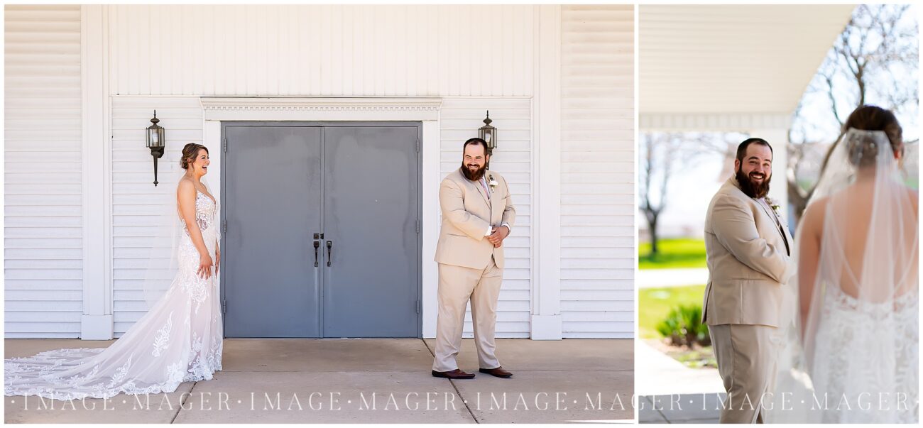 A small town wedding photo of a bride and groom sharing a first look in front of the blue doors of the church

Saint John the Baptist Catholic Church, L'erable, IL. 

Photo taken by Mager Image Photography.