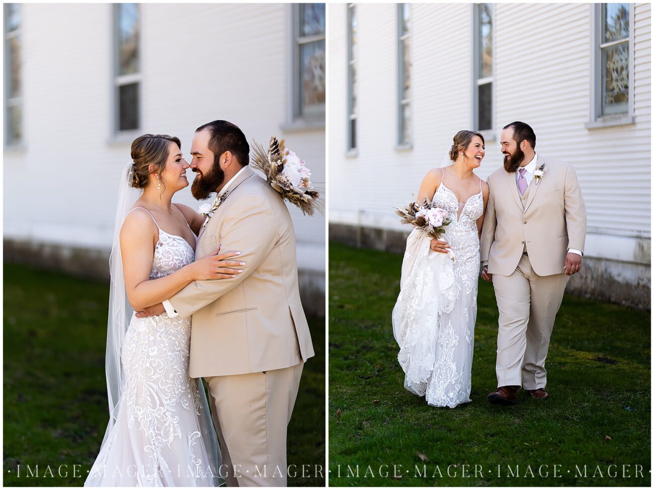 A small town wedding for Casey and Adam. A collage of two portraits of the bride and groom by the side of the white church. The first of them face to face and the second of them walking and laughing.

Saint John the Baptist Catholic Church, L'erable, IL. 

Photo taken by Mager Image Photography.