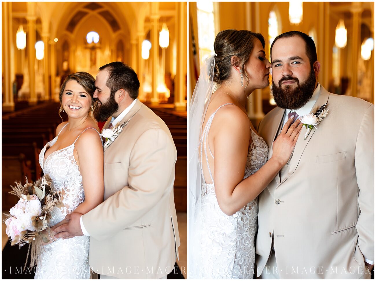 A small town wedding for Casey and Adam. A collage of two portraits inside of the beautifully detailed church. The first of the bride looking at the camera and the groom looking at her. The second of the bride looking at her groom and the groom looking at the camera.

Saint John the Baptist Catholic Church, L'erable, IL. 

Photo taken by Mager Image Photography.