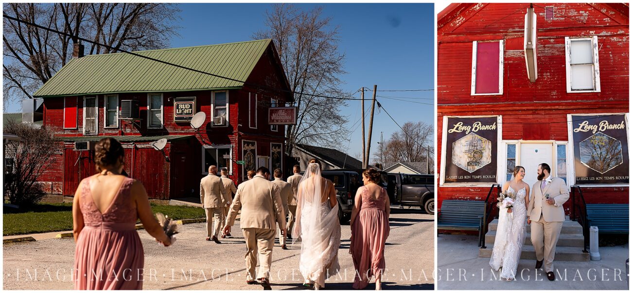 A small town wedding for Casey and Adam. A collage of two images. The first of the bride and groom and their wedding party walk across the street to the Longbranch Bar. The second of the bride and groom posing for a fun portrait in front of the bar.

The Longbranch Bar, L'erable, IL. 

Photo taken by Mager Image Photography.