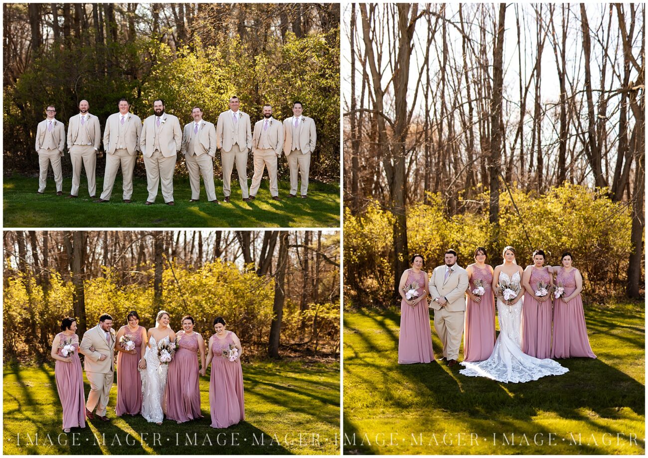 A small town wedding for Casey and Adam. A collage of 3 images. The first of the groom with his groomsmen all in tan suits. The second of the bride with her bridesmaids and bridesman laughing and walking towards the camera. And the last of the bride and her bridesmaids/bridesman posing and smiling at the camera. Saint John the Baptist Catholic Church, L'erable, IL. Photo taken by Mager Image Photography.