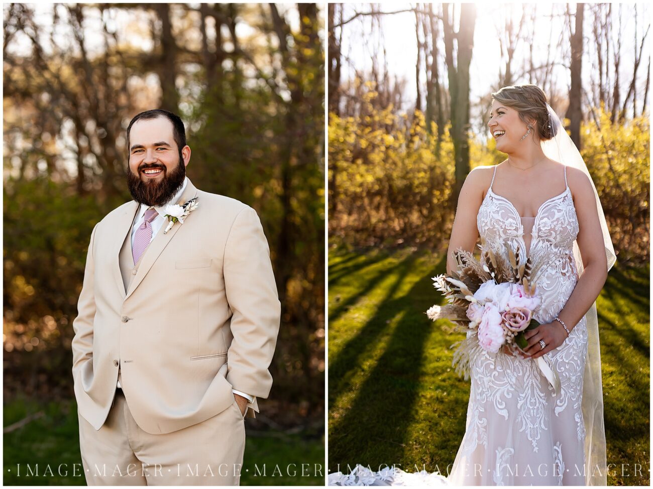 A small town wedding for Casey and Adam. A collage of two images. The first of the groom posing for the camera by himself and the second of the bride posing for the camera by herself.

Saint John the Baptist Catholic Church, L'erable, IL. 

Photo taken by Mager Image Photography.