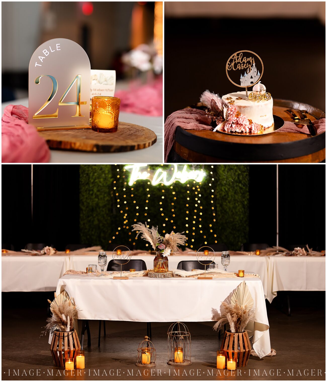 A small town wedding for Casey and Adam. A collage of images of details from the reception at the Kankakee County Fairgrounds. A frosted acrylic table number and rustic centerpiece. A photo of their single tier cake with their name on the cake topper. A photo of the bride and groom's sweetheart table.

Kankakee County Fairgrounds, Kankakee, IL.

Photo taken by Mager Image Photography.