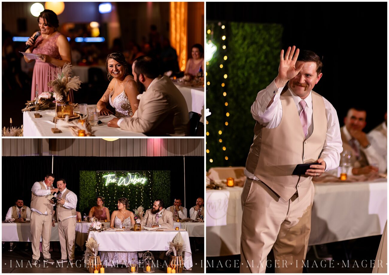 A small town wedding for Casey and Adam. A collage of three images of scene from speeches at their large wedding reception at the Kankakee County Fairgrounds.

Kankakee County Fairgrounds, Kankakee, IL.

Photo taken by Mager Image Photography.