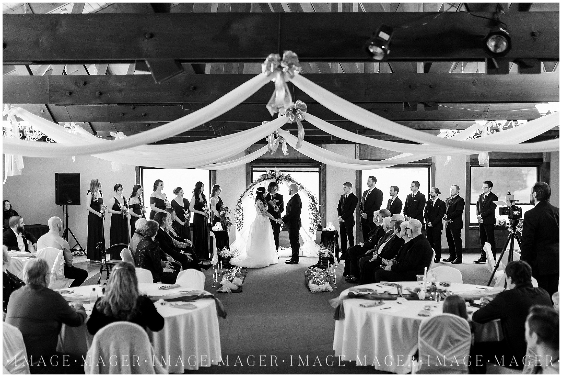 bridesmaids outside of alpine valley resort elkhorn wi ceremony inside winter