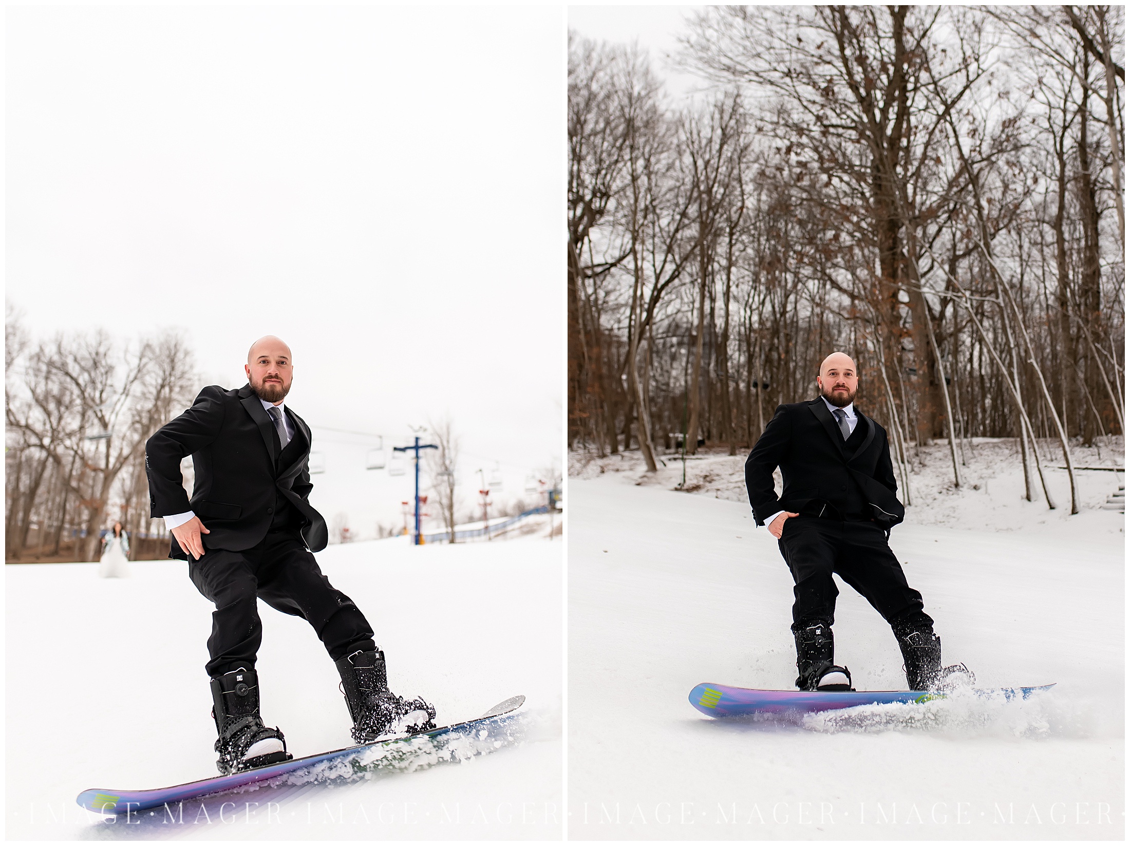 alpine valley ski resort snowboarder wedding portraits in snow slopes